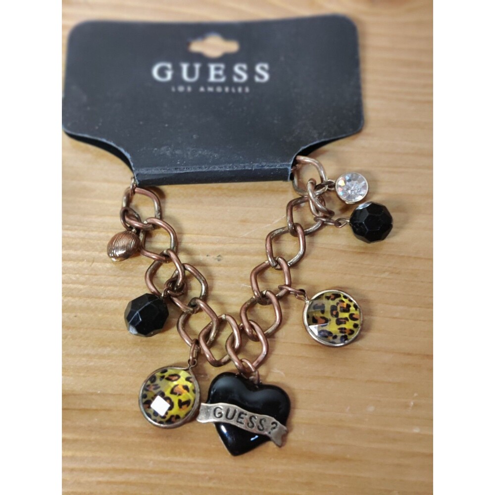 Guess Charm Bracelet Heart Vintage Copper Black Leopard Heart Signed Charms
